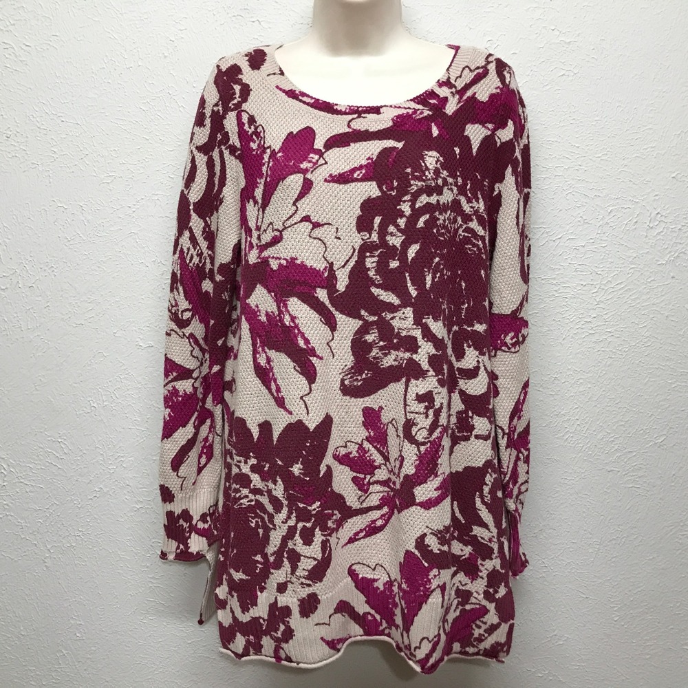 Soft Surroundings Sweater Womens Medium Cream Purple Floral‎ Cotton Tunic 2FW35